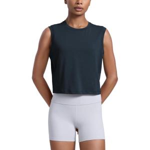 CRZ YOGA Cotton-Blend Workout Muscle Tank for Women Breathable Quick Dry High Neck Athletic Tops Casual Sleeveless Shirts(True Navy)