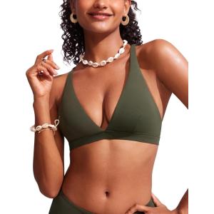 CRZ YOGA Deep V Neck Bikini Tops for Women – Padded Criss Cross Back Triangle Sexy Swim Bathing Suit Bra(Dark Olive)