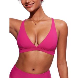 CRZ YOGA Deep V Neck Bikini Tops for Women – Padded Criss Cross Back Triangle Sexy Swim Bathing Suit Bra(Granita Pink)