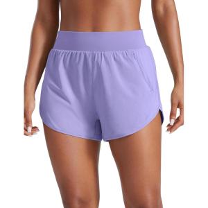 CRZ YOGA Dolphin Flat Waist Athletic Shorts for Women 3″ – High Rise Quick Dry for Running Workout Gym Track with Zip Pockets(Dark Lavender Purple)