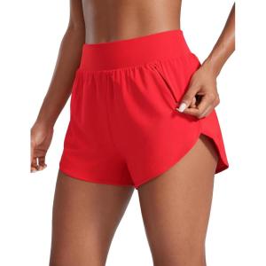 CRZ YOGA Dolphin Flat Waist Athletic Shorts for Women 3″ – High Rise Quick Dry for Running Workout Gym Track with Zip Pockets(Deep Red)