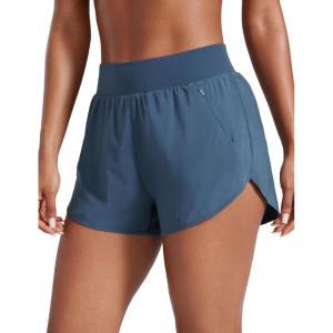 CRZ YOGA Dolphin Flat Waist Athletic Shorts for Women 3″ – High Rise Quick Dry for Running Workout Gym Track with Zip Pockets(Stelindigo)