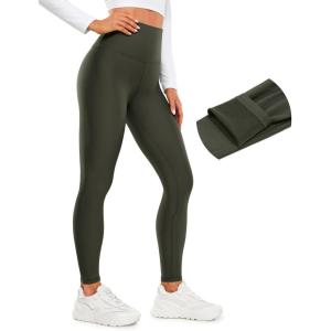 CRZ YOGA Fleece Lined Leggings 28” – Thermal Casual Lounge Workout Yoga Womens Full Length Pants Winter Warm(Olive Green)