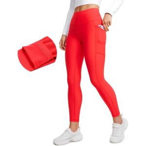 CRZ YOGA Fleece Lined Leggings Pockets 25” – Thermal High Waisted Casual Lounge Workout Womens Yoga Pants Winter Warm(Dark Red)