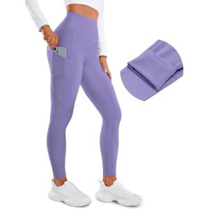CRZ YOGA Fleece Lined Leggings Pockets 28” – Thermal Casual Lounge Workout Womens Yoga Full Length Pants Winter Warm(Dark Lavender Purple)
