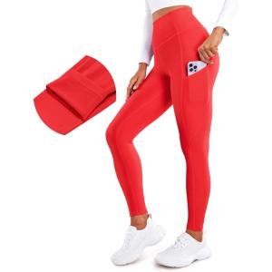 CRZ YOGA Fleece Lined Leggings Pockets 28” – Thermal Casual Lounge Workout Womens Yoga Full Length Pants Winter Warm(Deep Red)