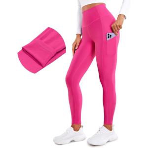CRZ YOGA Fleece Lined Leggings Pockets 28” – Thermal Casual Lounge Workout Womens Yoga Full Length Pants Winter Warm(Granita Pink)