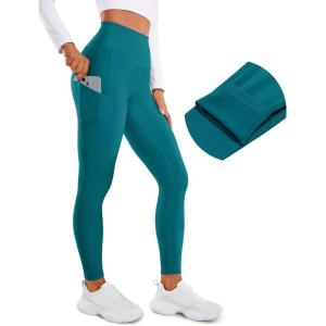 CRZ YOGA Fleece Lined Leggings Pockets 28” – Thermal Casual Lounge Workout Womens Yoga Full Length Pants Winter Warm(Green Jade)