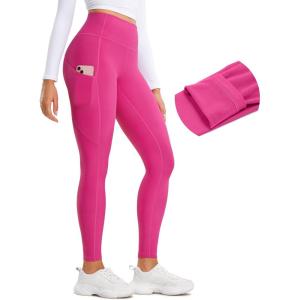 CRZ YOGA Fleece Lined Leggings Pockets 28” – Thermal Casual Lounge Workout Womens Yoga Full Length Pants Winter Warm(Hibiscus Purple)