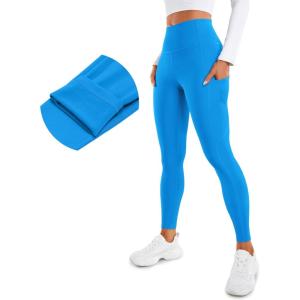 CRZ YOGA Fleece Lined Leggings Pockets 28” – Thermal Casual Lounge Workout Womens Yoga Full Length Pants Winter Warm(Madagascar Blue)