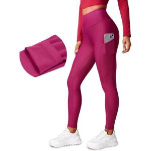 CRZ YOGA Fleece Lined Leggings Pockets 28” – Thermal Casual Lounge Workout Womens Yoga Full Length Pants Winter Warm(Magenta Purple)