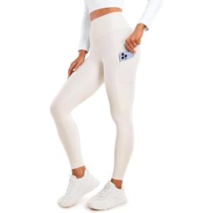 CRZ YOGA Fleece Lined Leggings Pockets 28” – Thermal Casual Lounge Workout Womens Yoga Full Length Pants Winter Warm(Milky White)