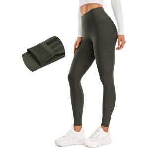 CRZ YOGA Fleece Lined Leggings Pockets 28” – Thermal Casual Lounge Workout Womens Yoga Full Length Pants Winter Warm(Olive Green)