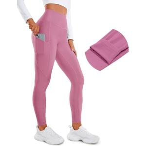 CRZ YOGA Fleece Lined Leggings Pockets 28” – Thermal Casual Lounge Workout Womens Yoga Full Length Pants Winter Warm(Velvet Dust)
