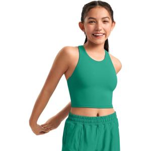 CRZ YOGA Girls Butterluxe Double Lined Crop High Neck Tank Tops – Dance Yoga Athletic Casual Racerback Tight Kids Teen(Cascadia Green)