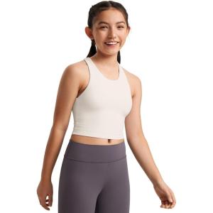 CRZ YOGA Girls Butterluxe Double Lined Crop High Neck Tank Tops – Dance Yoga Athletic Casual Racerback Tight Kids Teen(Milky White)