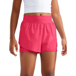 CRZ YOGA Girls Feathery-Fit Soft 2 in 1 Dolphin Athletic Shorts – Tennis Soccer Running Casual Liner Pockets Kids Teen(Lip Gloss Pink)