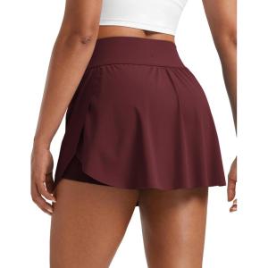 CRZ YOGA High Waisted Side Slit Tennis Skirts for Women – Mini Lined A Line Running Athletic Skort with Inner Pockets(Red Merlot)