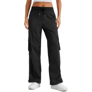 CRZ YOGA Lightweight Cargo Casual Pants for Women 30″ – Ruched Straight Leg Travel Athletic Hiking Joggers(Black)