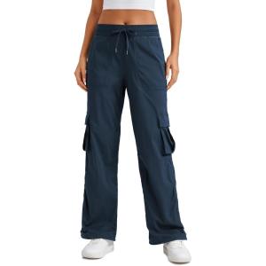 CRZ YOGA Lightweight Cargo Casual Pants for Women 30″ – Ruched Straight Leg Travel Athletic Hiking Joggers(Ink Blue)