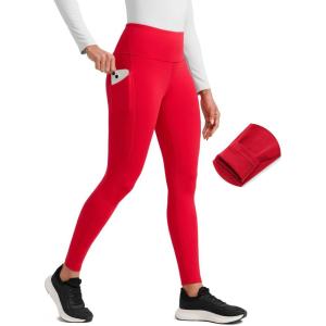 CRZ YOGA Matte Fleece Lined Athletic Leggings Pockets 28″ – Water Resistant Hiking Casual Workout Womens Thermal Pants(Aurora Red)