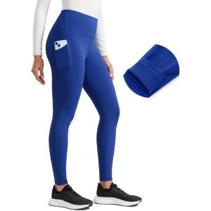 CRZ YOGA Matte Fleece Lined Athletic Leggings Pockets 28″ – Water Resistant Hiking Casual Workout Womens Thermal Pants(Waves Blue)