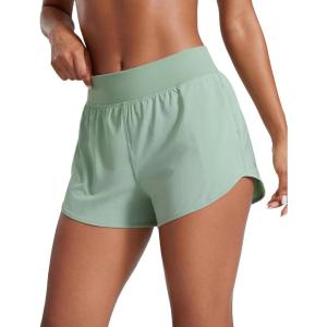 CRZ YOGA Mid Flat Waisted Running Shorts for Women 3″ – Mesh Liner Quick Dry for Workout Sport Athletic with Zipper Pocket(Green Palm Court)