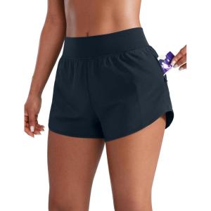 CRZ YOGA Mid Flat Waisted Running Shorts for Women 3″ – Mesh Liner Quick Dry for Workout Sport Athletic with Zipper Pocket(True Navy)
