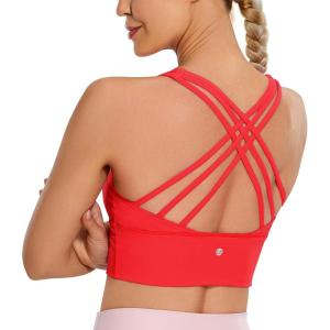 CRZ YOGA Naked Feeling Criss Cross Longline Sports Bras for Women – Wirefree Padded Strappy Yoga Cropped Tops(Deep Red)