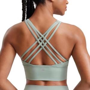 CRZ YOGA Naked Feeling Criss Cross Longline Sports Bras for Women – Wirefree Padded Strappy Yoga Cropped Tops(Green Palm Court)