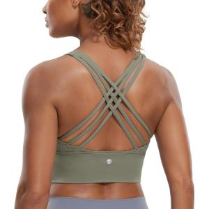 CRZ YOGA Naked Feeling Criss Cross Longline Sports Bras for Women – Wirefree Padded Strappy Yoga Cropped Tops(Light Army Green)
