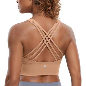 CRZ YOGA Naked Feeling Criss Cross Longline Sports Bras for Women – Wirefree Padded Strappy Yoga Cropped Tops(Mocha Mousse)