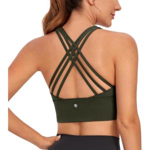 CRZ YOGA Naked Feeling Criss Cross Longline Sports Bras for Women – Wirefree Padded Strappy Yoga Cropped Tops(Olive Green)