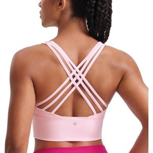 CRZ YOGA Naked Feeling Criss Cross Longline Sports Bras for Women – Wirefree Padded Strappy Yoga Cropped Tops(Strawberry Pink)