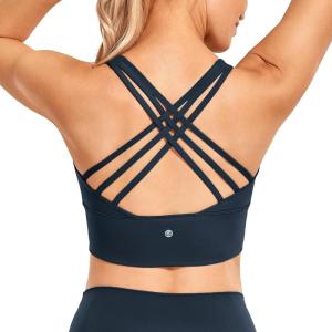 CRZ YOGA Naked Feeling Criss Cross Longline Sports Bras for Women – Wirefree Padded Strappy Yoga Cropped Tops(True Navy)