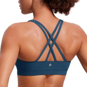CRZ YOGA Naked Feeling Strappy Padded Sports Bras for Women – Fitness Workout Top Criss Cross Back Yoga Cami(French Navy)