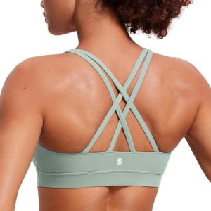 CRZ YOGA Naked Feeling Strappy Padded Sports Bras for Women – Fitness Workout Top Criss Cross Back Yoga Cami(Green Palm Court)