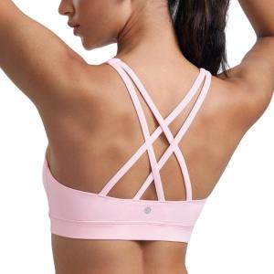 CRZ YOGA Naked Feeling Strappy Padded Sports Bras for Women – Fitness Workout Top Criss Cross Back Yoga Cami(Strawberry Pink)