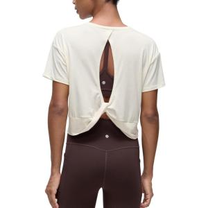 CRZ YOGA Open Back Short Sleeve Crop Top for Women Loose Athletic Yoga Workout Shirts Casual Cropped T-Shirts(White Apricot)