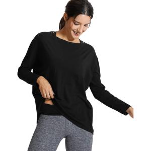 CRZ YOGA Pima Cotton Boat Neck Long Sleeve Shirts for Women – Workout Athletic Yoga Casual Tops Loose Fit Fall T-Shirts(Black)