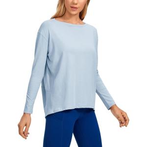 CRZ YOGA Pima Cotton Boat Neck Long Sleeve Shirts for Women – Workout Athletic Yoga Casual Tops Loose Fit Fall T-Shirts(Blue Linen)