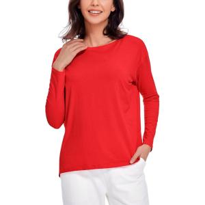 CRZ YOGA Pima Cotton Boat Neck Long Sleeve Shirts for Women – Workout Athletic Yoga Casual Tops Loose Fit Fall T-Shirts(Deep Red)