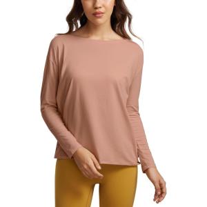 CRZ YOGA Pima Cotton Boat Neck Long Sleeve Shirts for Women – Workout Athletic Yoga Casual Tops Loose Fit Fall T-Shirts(Mocha Mousse)