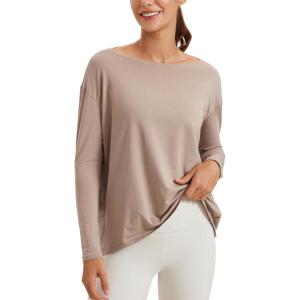 CRZ YOGA Pima Cotton Boat Neck Long Sleeve Shirts for Women – Workout Athletic Yoga Casual Tops Loose Fit Fall T-Shirts(Mortar Color)