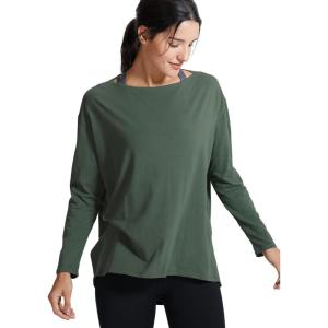 CRZ YOGA Pima Cotton Boat Neck Long Sleeve Shirts for Women – Workout Athletic Yoga Casual Tops Loose Fit Fall T-Shirts(Nature Green)