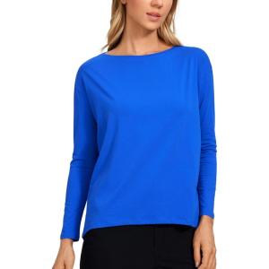 CRZ YOGA Pima Cotton Boat Neck Long Sleeve Shirts for Women – Workout Athletic Yoga Casual Tops Loose Fit Fall T-Shirts(Strong Blue)