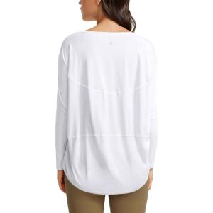 CRZ YOGA Pima Cotton Boat Neck Long Sleeve Shirts for Women – Workout Athletic Yoga Casual Tops Loose Fit Fall T-Shirts(White)
