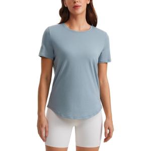 CRZ YOGA Pima Cotton Crewneck T-Shirts for Women – Workout Casual Yoga Athletic Short Sleeve Shirts Soft Crewneck Hip Tops(Belgian Blue)
