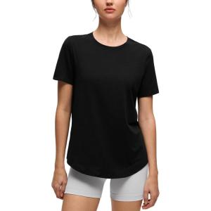CRZ YOGA Pima Cotton Crewneck T-Shirts for Women – Workout Casual Yoga Athletic Short Sleeve Shirts Soft Crewneck Hip Tops(Black)