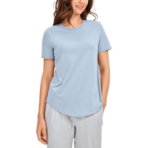 CRZ YOGA Pima Cotton Crewneck T-Shirts for Women – Workout Casual Yoga Athletic Short Sleeve Shirts Soft Crewneck Hip Tops(Blue Linen)